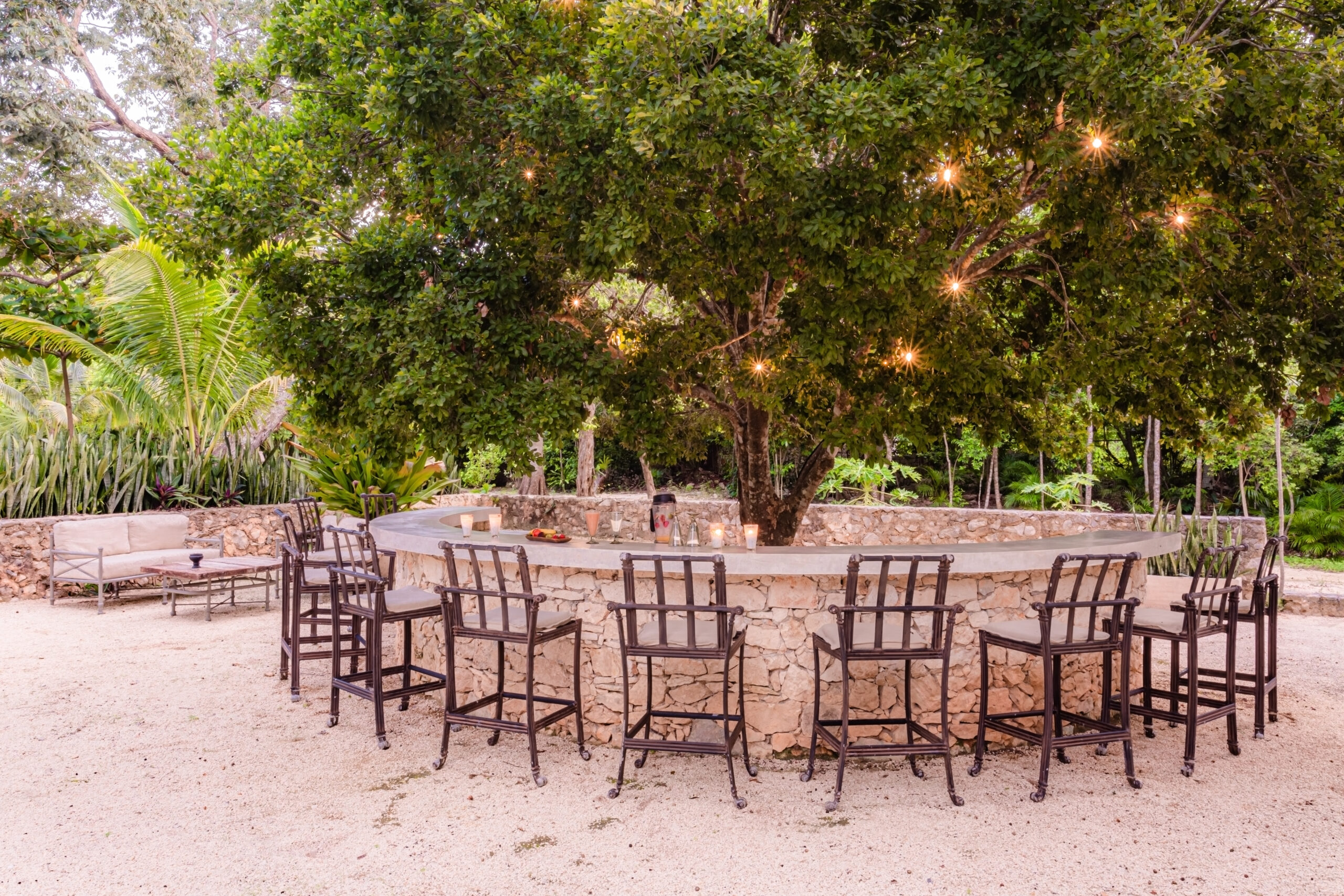 Outdoor dinner table under a lit tree